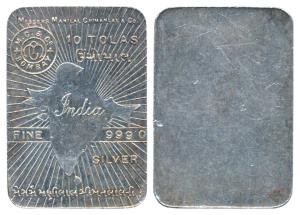 M/s Manilal Chimanlal & Co, Tola Bar, Silver 10 Tolas, 116.4g, obv. map of undivided India