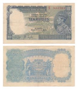 George VI, Rupees 10, 1st issue, 1938, signed J. B. Taylor, (J&R 4.5.1). Very Fine.