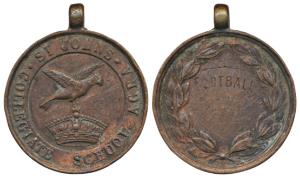 St. Johns Collegiate School Agra, Copper Medal, rev. Football within wreath. Very Fine+.