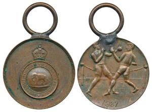 South Indian Railway Battalion, Copper Medal, 1937, rev. athletes boxing. Very Fine+, Rare