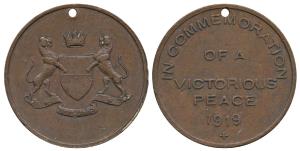 World War I Medal, in Commemoration of A Victorious Peace, Copper Medal, 1919; rev. coat o