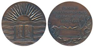 Panjab University Sports Golden Jubilee, Copper Medal, obv.1894-1944 with tablet below to 