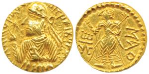 Kushanas, Huvishka (152-190 AD), Gold Dinar, 7.88g, obv. diademed and crowned half- length