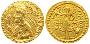 Kushanas, Huvishka, Gold Dinar, 7.91g, obv. nimbate, diademed and crowned half-length bust