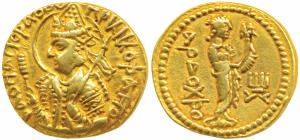 Kushanas, Huvishka, Gold Dinar, 7.88g, obv. nimbate and helmeted bust of the king emerging