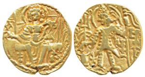 Kushanas, Shaka (c. 305-335 AD), Gold Dinar, 7.69g, obv. king nimbate standing left, holdi