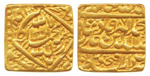 Akbar, Square Gold Mohur, 10.97g, Dar us-Sultanate Fathpur Mint, AH 987, Kalima type (KM 1