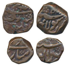 Shah Alam Bahadur, Copper Dam and ½ Dam, 13.g & 6.6g, Solapur Mint, obv. legend julus muba