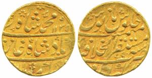 Muhammad Shah (AH 1131-1161; 1719-1748 AD), Gold Mohur, 10.9g, Mustaqir al-Khilafat Akbara