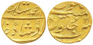 Muhammad Shah, Gold Mohur, 11.1g, Surat Mint, AH 113X/2 (KM 438.23). Nice mint lustre, Abo