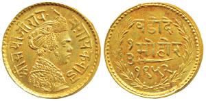 Sayaji Rao III, Gold 1/3 Mohur, VS 1952 (1895 AD), obv. portrait of the Maharaja, name of 