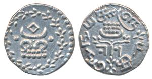 Rama Varma IV (ME 1035-1055; 1860-1880 AD), Silver Velli Fanam, 1.48g, (KM 22). Extremely 