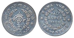 Rama Varma VI, Silver ½ Rupee, 5.21g, ME 1106 (1930-31), obv. sankha or conch shell, rev. 