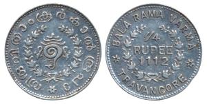 Bala Rama Varma II, Silver ¼ Rupee, 2.63g, ME 1112, obv. sankha or conch shell, rev. value