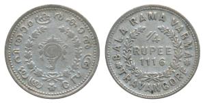 Bala Rama Varma II, Silver ¼ Rupee, 2.44g, ME 1116, obv. sankha or conch shell, rev. value
