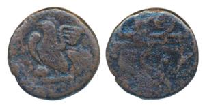 Pondicherry Mint, Copper Doudou, 3.71g, obv. Rooster, rev. mint name in Tamil (KM 34). Fin