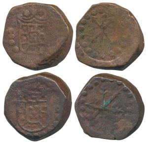 Damao (Daman), Joao V (1706-1750 AD), Copper 10 Reis (2), 10.2g & 10.78g, obv. crowned arm