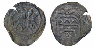 Diu, Jose (1750-1777 AD), Copper ½ Atia, 3.73g, 1768 AD, obv. crowned arms, rev. numerals 