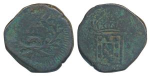 Goa, Miguel, Copper Tanga, 37.66g, overstruck on a 60 Reis coin, two impressions visible o