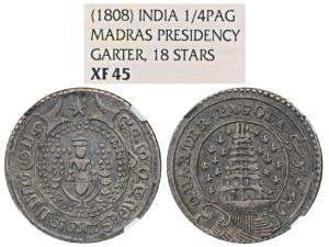 Silver ¼ Pagoda, 10.57g, 2nd issue, 1808, obv. value in English and Persian on ribbon arou