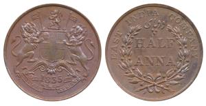 Copper ½ Anna, 1835, Madras Mint, A in India raised above, Unlisted in Pridmore. Uncircula