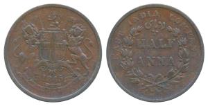 Copper ½ Anna 1845, obv. coat of arms of the EIC and date below, rev. value within wreath,