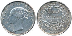 Victoria Queen, Silver ½ Rupee, 1840, Continuous legend, Madras Mint, English Head, 19 Ber