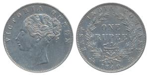 Victoria Queen, Silver Rupee, 1840, Continuous legend, Calcutta Mint, Indian Head, 35 Berr