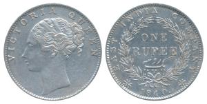 Victoria Queen, Silver Rupee, 1840, Continuous legend, Calcutta Mint, Indian Head, 35 Berr
