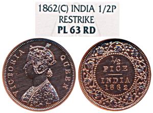 Victoria Queen, Copper Proof Restrike ½ Pice, 1862, Calcutta Mint, A / I, rev. leaves anti