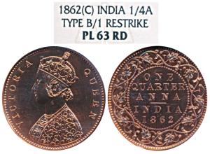 Victoria Queen, Copper Proof Restrike ¼ Anna, 1862, Calcutta Mint, B / I, (SW 4.162 & Prid