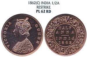 Victoria Queen, Copper Proof Restrike ½ Anna, 1862, Calcutta Mint, B / II, rev flat topped