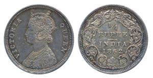 Victoria Queen, Silver ¼ Rupee, 1862, Madras Mint, A / I / No mint mark (Prid 378). Nice t