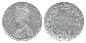 Victoria Queen, Silver Rupee, 1862, Bombay Mint, A / II / 1 / 7, Top dot within top flower