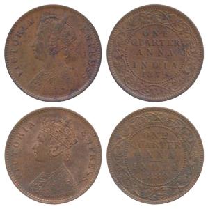 Victoria Empress, Copper ¼ Anna (2), 1879, Calcutta Mint, C below date on centre bead, (Pr