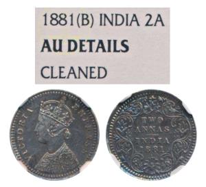 Victoria Empress, Silver 2 Annas, 1881, Bombay Mint, B / II / dot (Prid 524). Graded by NG