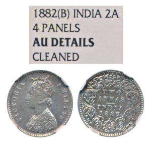 Victoria Empress, Silver 2 Annas, 1882, Bombay Mint, A / II / dot; (Prid 526) Graded by NG