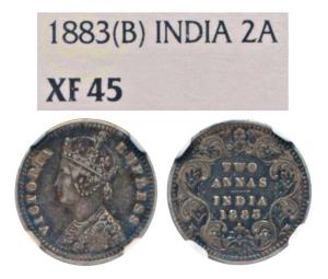 Victoria Empress, Silver 2 Annas, 1883, Bombay Mint, B / II / dot (Prid 530). Graded by NG