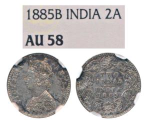Victoria Empress, Silver 2 Annas, 1885, Bombay Mint, A / I / B raised (Prid 537). Graded b