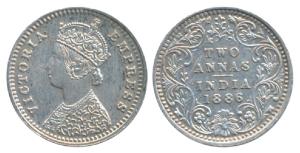 Victoria Empress, Silver 2 Annas, 1886, Bombay Mint, B / II / B Incuse (Prid 539). About U