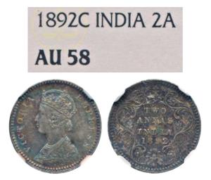 Victoria Empress, Silver 2 Annas, 1892, Calcutta Mint, B / II / C incuse (Prid 507). Grade