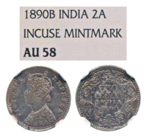 Victoria Empress, Silver 2 Annas, 1890, Bombay Mint, B / II / B Incuse, (Prid 545). Graded