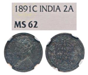 Victoria Empress, Silver 2 Annas, 1891, Calcutta Mint, B / II / C incuse (Prid 506). Grade