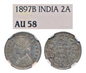 Victoria Empress, Silver 2 Annas, 1897, Bombay Mint, B / II / B incuse (Prid 551). Graded 