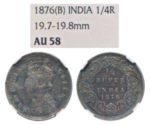 Victoria Queen, Silver ¼ Rupee, 1876, Bombay Mint, A / I, No mint mark (Prid 407). Graded 
