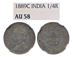 Victoria Empress, Silver ¼ Rupee, 1889, Calcutta Mint, C / II / C incuse (Prid 394). Grade