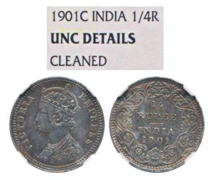 Victoria Empress, Silver ¼ Rupee, 1901, Calcutta Mint, C / II / C incuse (Prid 404). Grade