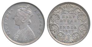 Victoria Empress, Silver ½ Rupee, 1877, Calcutta Mint, A / I, No mint mark (Prid 261). Abo