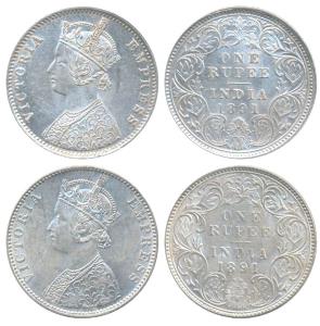Victoria Empress, Silver Rupee, 1891, Bombay Mint, C2 / I / B incuse (Prid 179); 1891, Cal