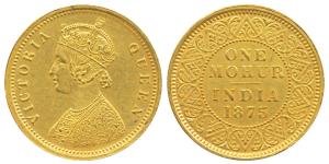 Victoria Queen, Gold Mohur, 1875, obv. two flowers in bottom panel of jabot and V in relie